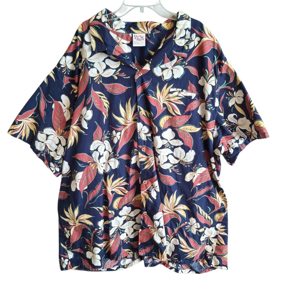 Barefoot In Paradise Hawaiian Shirt Men 6XL Vintage Navy Floral Cotton USA Made